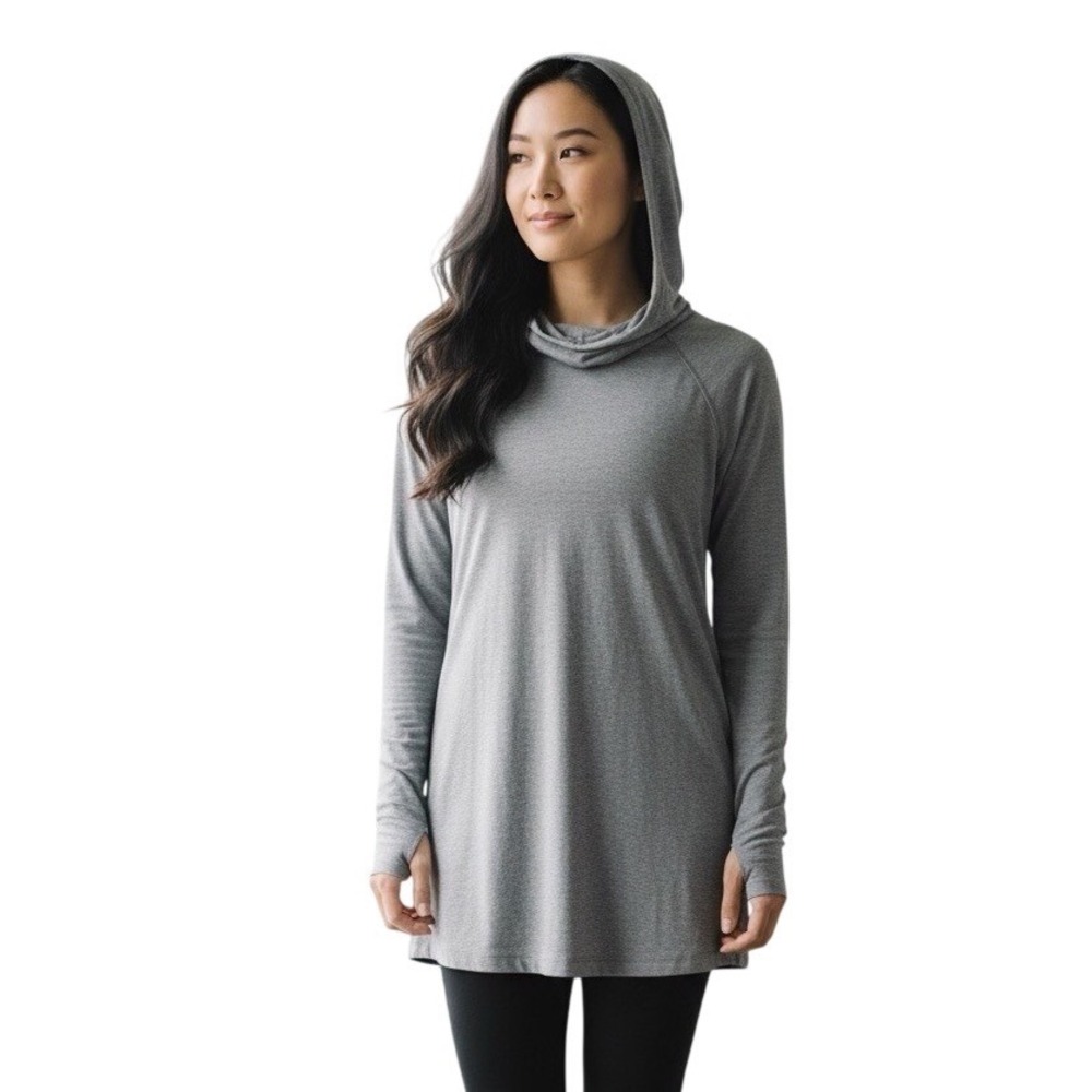 Athleta‎ Gray Hooded Tunic Top Cowl Neck Thumbhole Long Sleeve XS Heathered Gray
